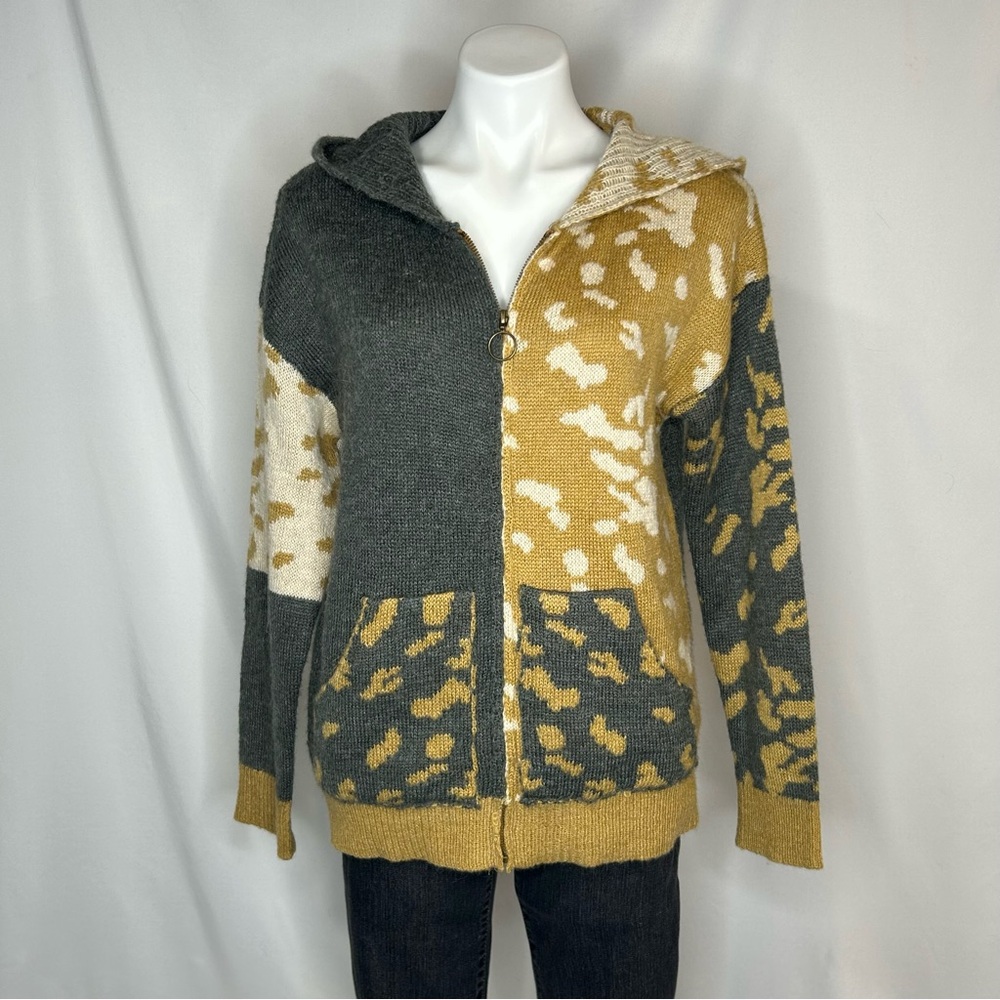 Color-block Leopard Zipper Women’s Knit Hoodie - Mystree, Small